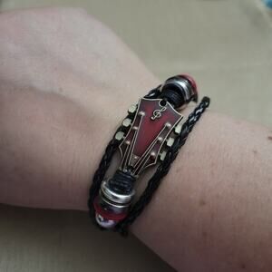 Guitar head stock music theme red and black layered bracelet